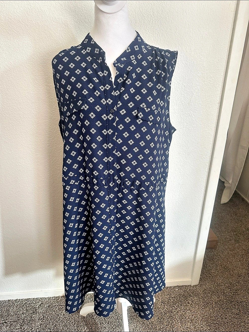 Always Indigo Geometric Midi Dress in Blue & White Size 2X